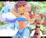  1girl :d ^^^ arm_behind_head bangs bare_arms bare_shoulders blue_bandeau blurry blurry_background breasts brown_hair character_request closed_eyes collarbone crop_top crown dark_skin depth_of_field eyebrows_visible_through_hair facing_viewer flower hair_flower hair_ornament holding holding_poke_ball kouu_hiyoyo letterboxed looking_at_viewer mini_crown navel open_mouth phoebe_(pokemon) pink_flower poke_ball poke_ball_(basic) pokemon pokemon_(creature) pokemon_(game) pokemon_rse sarong short_hair small_breasts smile tree 