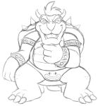  anthro black_and_white bowser briefs claws clothing clown_face cuffs_(disambiguation) hand_on_chin male mario_bros monochrome nintendo open_mouth simple_background sitting sketch smile solo teeth_showing thegreatmatsutzu tongue_showing underwear video_games white_background 