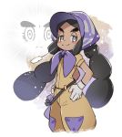  1girl black_hair blush bonnet closed_mouth commentary_request eyelashes gloves grey_eyes grey_gloves half-closed_eyes hands_on_hips hapu_(pokemon) island_kahuna jumpsuit kusuribe long_hair pokemon pokemon_(game) pokemon_sm purple_headwear short_sleeves signature smile thick_eyebrows twintails 