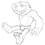  anthro banjo-kazooie banjo_(banjo-kazooie) barefoot black_and_white briefs bulge clothing hand_behind_head hand_on_head jewelry male mammal monochrome necklace one_eye_closed rareware simple_background sitting sketch smile solo teeth_showing thegreatmatsutzu tongue_showing underwear ursid video_games white_background 