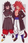  2boys bare_pecs biceps black_legwear coat crossed_arms dragon_ball dragon_ball_gt dragon_ball_heroes earrings fusion fusion_dance gloves gogeta hands_in_pockets highres jewelry looking_at_viewer monkey_boy monkey_tail multiple_boys muscular no_nipples pants potara_earrings red_fur red_pants relio_db318 spiked_hair super_saiyan super_saiyan_4 tail vegetto_(xeno) white_gloves white_legwear white_pants 