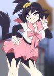  2020 accessory animaniacs anime-aniacs anthro black_hair bottomwear clothing cute-fangs dannyckoo dot_warner female flower flower_in_hair gesture gloves hair hair_accessory handwear hi_res inkblot ladnelsiya looking_at_viewer pink_eyes plant red_nose skirt smile solo v_sign warner_brothers 