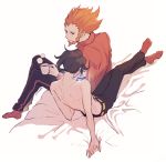  2boys arm_support augustine_sycamore bed_sheet black_hair black_pants closed_mouth commentary_request crossed_legs cup holding holding_cup kusuribe looking_at_another looking_back lysandre_(pokemon) male_focus multiple_boys orange_hair orange_legwear pants pokemon pokemon_(game) pokemon_xy shirtless shoulder_blades sitting socks spiked_hair steam yellow_belt 