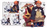  1boy arm_at_side arrow_(symbol) black_hoodie commentary_request dark_skin dark_skinned_male duraludon dynamax_band earrings fang flying_sweatdrops gen_5_pokemon gen_7_pokemon gen_8_pokemon gloves gym_leader hand_in_pocket hood hoodie jewelry looking_at_viewer male_focus musical_note open_mouth orange_headwear pokemon pokemon_(creature) pokemon_(game) pokemon_swsh raihan_(pokemon) roggenrola shigetake_(buroira) skin_fang smile sparkle spoken_musical_note tongue translation_request turtonator 