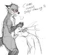  &lt;3 4:3 anthro anthro_on_anthro balls blush breath dialogue digital_media_(artwork) duo emerald_(katai) english_text erection frill_(anatomy) fur genitals gloves_(marking) head_crest head_frill interspecies leg_markings lizard looking_at_another looking_at_partner looking_down male male/male mammal markings nude procyonid raccoon reptile restricted_palette scalie scarneck_(artist) scarneck_(character) side_view simple_background smile socks_(marking) standing text white_background 