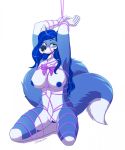  2019 3_tails anthro arms_tied bdsm blue_hair blue_nipples blue_tongue bondage bound breasts canid canine facial_piercing female fox frogtied furgonomics furry-specific_piercing genitals hair hands_above_head hi_res kneeling legs_tied mammal multi_tail multiple_piercings muzzle_piercing nipples nose_piercing nose_ring nude piercing purple_rope pussy rope rope_bondage rope_harness septum_piercing shimmi_(artist) signature simple_background tongue white_background 