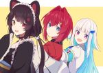  3girls :d ange_katrina animal_ears armband bangs black_kimono blue_eyes blunt_bangs brown_hair coat colored_inner_hair commentary dog_ears dog_hair_ornament expressionless eyebrows_visible_through_hair flower from_side hair_flaps hair_flower hair_ornament heterochromia highres inui_toko jacket japanese_clothes kimono light_blue_hair lize_helesta long_hair looking_at_viewer looking_back maid maid_headdress multicolored_hair multiple_girls nijisanji obi off-shoulder_coat open_mouth purple_eyes red_eyes red_hair red_jacket sash short_hair silver_hair simple_background sleeves_past_fingers sleeves_past_wrists smile straight_hair talunilu_uu3 twintails two-tone_hair uniform upper_body virtual_youtuber white_jacket wide_sleeves yellow_background yellow_eyes 