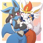  acky blush cinderace clenched_teeth closed_eyes commentary cowboy_shot crossed_arms furry gen_4_pokemon gen_8_pokemon hand_on_another&#039;s_shoulder happy highres lucario outline pokemon pokemon_(creature) red_eyes smile squiggle sweatdrop teeth v yellow_fur 
