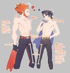  !? 2boys abs arm_behind_back arrow_(symbol) augustine_sycamore black_gloves black_hair black_pants collarbone commentary_request facial_hair fingerless_gloves gloves grey_background heart holding holding_clothes holding_shirt kusuribe looking_at_another lysandre_(pokemon) male_focus multiple_boys navel orange_hair outline pants pokemon pokemon_(game) pokemon_xy shiny shiny_hair shirt shirtless short_hair signature simple_background spiked_hair spoken_heart spoken_interrobang sweatdrop translation_request yellow_belt 