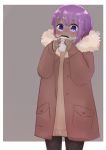  1girl bangs black_legwear blush brown_coat brown_sweater coat coffee_cup cup dark_skin disposable_cup eyebrows_visible_through_hair fate/prototype fate/prototype:_fragments_of_blue_and_silver fate_(series) fur-trimmed_coat fur_trim grey_background hair_between_eyes hands_up hassan_of_serenity_(fate) highres holding holding_cup i.u.y long_sleeves nose_blush open_clothes open_coat pantyhose parted_lips purple_eyes purple_hair sleeves_past_wrists solo sweater two-tone_background white_background 