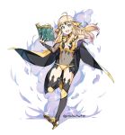  1girl ahoge blonde_hair book breasts cape circlet fire_emblem fire_emblem_fates full_body graysheartart green_eyes highres holding holding_weapon looking_at_viewer ophelia_(fire_emblem) reaching_out smoke solo thighhighs weapon 