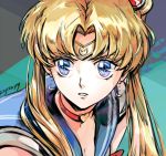  1girl artist_name bangs bishoujo_senshi_sailor_moon blonde_hair blue_eyes blue_sailor_collar breasts choker circlet cleavage commentary crescent crescent_earrings derivative_work diadem earrings english_commentary hair_over_shoulder heart heart_choker jewelry long_hair looking_to_the_side parted_bangs parted_lips red_choker sailor_collar sailor_moon sailor_moon_redraw_challenge sailor_senshi_uniform screencap_redraw shirt solo tile_floor tiles tsukino_usagi twintails upper_body white_shirt zzyzzyy 