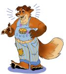  2017 anthro belly big_belly blue_eyes bottomwear brown_body brown_fur brown_hair canid canine claws clothing dessert disney fangs food fox fur gideon_grey grosspups hair male mammal orange_body orange_fur overweight overweight_anthro overweight_male pants patch_(fabric) pawpads paws pie plantigrade shirt simple_background smile solo stubble tank_top text text_on_clothing text_on_shirt text_on_tank_top text_on_topwear topwear torn_clothing white_background zootopia 