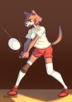  2020 admiralobster angry anthro ball beastars blue_eyes bottomwear canid canine canis claws clothed clothing female hi_res juno_(beastars) mammal multicolored_body shirt shorts snout solo sport t-shirt teeth topwear two_tone_body volleyball volleyball_(ball) wolf 