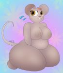 2020 anthro areola big_breasts biped bodily_fluids breasts brown_body brown_fur digital_media_(artwork) female fur gazaster head_tuft hi_res looking_away mammal mouse murid murine nipples nude rhys_(gazaster) rodent short_stack shy simple_background sitting slightly_chubby smile solo sweat sweatdrop teeth thick_thighs tuft whiskers wide_hips 