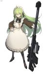  1girl absurdres ahoge black_bow black_footwear blush bow brown_legwear closed_mouth closers gloves go_(mumuke) green_hair gun hair_between_eyes hand_on_hip heart high_heels highres holding holding_gun holding_weapon huge_weapon light_blush long_hair maid maid_headdress orange_eyes pantyhose rifle signature simple_background solo standing tina_(closers) weapon white_background white_gloves 