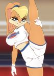  2020 anthro big_breasts blonde_hair blue_eyes bottomwear breasts clothing dannyckoo female flexible gloves hair handwear hi_res ladnelsiya lagomorph leporid lola_bunny looking_at_viewer looney_tunes mammal one_leg_up rabbit raised_leg shirt shorts smile solo splits spread_legs spreading standing tank_top topwear vertical_splits warner_brothers 