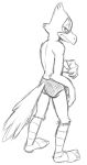  anthro barefoot black_and_white briefs butt clothed clothing falco_lombardi frown hand_on_leg male monochrome nintendo simple_background sketch solo star_fox thegreatmatsutzu topless underwear video_games white_background 