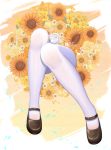  1girl black_footwear brown_flower commentary_request fengli_(709622571) flower highres legs original pantyhose pixiv_id rose shoes solo sunflower thighs watermark white_flower white_legwear white_rose yellow_flower 