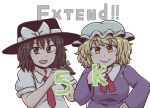  2girls blonde_hair bow breasts brown_eyes brown_hair english_text fedora hat hat_bow jewelry jiru_(jirufun) maribel_hearn medium_breasts mob_cap multiple_girls necklace necktie purple_shirt shirt short_hair small_breasts touhou usami_renko white_shirt yellow_eyes 