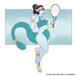 2020 anthro black_hair bottomless breasts clothed clothing collar featureless_crotch female hair holding_tennis_racket koopacap laurelyn legendary_pok&eacute;mon mewtwo navel nintendo on_one_leg pok&eacute;mon pok&eacute;mon_(species) ponytail shirt smile solo standing tank_top tennis_racket thick_thighs topwear video_games 