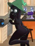  3:4 anthro balls black_body black_fur bovid butt caprine clothed clothing coffee_maker coffee_mug deltarune dishwasher eyewear fur furniture genitals glasses goat hat hat_only headgear headgear_only headwear headwear_only hi_res keurig kitchen lamp looking_at_viewer male mammal mixer mostly_nude nude penis ralsei solo stool themanwiththemole video_games 