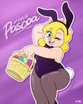  2019 anthro basket blonde_hair blue_eyes bow_tie breasts bunny_costume clothing costume domestic_pig easter egg eyebrows eyelashes female hair hi_res holidays joaoppereiraus looking_at_viewer mammal one_eye_closed open_mouth open_smile purple_background signature simple_background slightly_chubby smile solo suid suina sus_(pig) sylvia_(joaoppereiraus) teeth thick_thighs tongue wink 