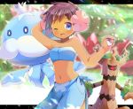  1girl ;d arm_behind_head bangs bare_arms bare_shoulders blue_bandeau blue_eyes blurry blurry_background breasts brown_hair character_request collarbone crop_top crown dark_skin depth_of_field eyebrows_visible_through_hair flower hair_flower hair_ornament holding holding_poke_ball kouu_hiyoyo letterboxed looking_at_viewer mini_crown navel one_eye_closed open_mouth phoebe_(pokemon) pink_flower poke_ball poke_ball_(basic) pokemon pokemon_(creature) pokemon_(game) pokemon_rse sarong short_hair small_breasts smile tree 