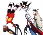  anthro avian bird blitzo_(vivzmind) cape clothing crown demon distracted_boyfriend drinking feathers female grey_body grey_feathers group helluva_boss hi_res horn imp male meme owl owl_demon rancorwiid red_body red_eyes red_skin simple_background stella_(vivzmind) stolas_(vivzmind) straw white_body white_feathers white_skin yellow_sclera 