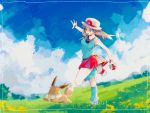  1girl aqua_legwear aqua_shirt black_wristband brown_eyes brown_hair bucket_hat cloud eevee field floating_hair flower framed gen_1_pokemon grass hanenbo hat highres holding holding_poke_ball leaf_(pokemon) long_hair looking_down loose_socks outdoors outstretched_arms pleated_skirt poke_ball poke_ball_(basic) pokemon pokemon_(creature) pokemon_(game) pokemon_frlg red_skirt shirt shoes signature skirt sky sleeveless sleeveless_shirt standing standing_on_one_leg white_footwear white_headwear wristband yellow_flower 