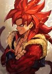  1boy blue_eyes bracelet collarbone crossed_arms dragon_ball dragon_ball_gt electricity forehead from_side fur gogeta hungry_clicker jewelry monkey_tail muscular muscular_male red_hair smile spiked_hair super_saiyan super_saiyan_4 tail traditional_media vest 