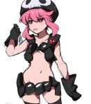  2020 absurdres arm_at_side bangs beanie belt black_gloves black_headwear black_legwear blush collarbone commentary_request dated eyebrows_visible_through_hair gloves groin hair_between_eyes hat highres holding holding_weapon jakuzure_nonon kill_la_kill knife midriff navel nudist_beach_uniform open_mouth oversized_clothes pink_eyes pink_hair shiny shiny_hair sidelocks skull_print takatisakana thighhighs tsurime weapon 