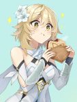  +_+ 1girl bare_shoulders blonde_hair blush breasts commentary_request detached_sleeves eating flower food genshin_impact hair_flower hair_ornament highres holding holding_food lumine_(genshin_impact) medium_hair small_breasts solo somechime_(sometime1209) upper_body wide-eyed yellow_eyes 