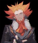  1boy black_background black_gloves black_jacket commentary_request facial_hair fingerless_gloves fur-trimmed_jacket fur_trim gloves jacket kusuribe looking_at_viewer lysandre_(pokemon) male_focus orange_hair parted_lips pokemon pokemon_(game) pokemon_xy signature simple_background solo spiked_hair team_flare 