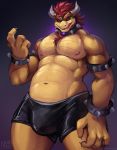  2020 4_fingers anthro black_sclera body_hair bowser boxers_(clothing) bracelet bulge chest_hair clothing collar come_here fingers hair horn jewelry koopa licking licking_lips licking_own_lips looking_at_viewer male mario_bros navel nintendo nurinaki pecs purple_eyes red_hair reptile scalie self_lick shell-less smile spiked_bracelet spiked_collar spikes tongue tongue_out underwear video_games 
