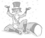  anthro banner canid canine canis celebration clothing confetti diaper feet fox hat headgear headwear holidays infantilism male mammal monochrome new_year nicnak044 nipples paws ribbons sketch solo top_hat 