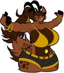  3_fingers absurd_res anthro antlers big_breasts breasts brown_body brown_fur brown_hair cervid clothed clothing emerald_(gem) eyes_closed female fingers fur gem hair happy hi_res horn hypnofood mammal open_mouth rein&agrave; simple_background solo spots spotted_body 