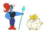  2020 alphys anthro barefoot belly big_belly blue_body blue_scales bodily_fluids boots bottomwear breasts buckteeth butt cleavage clothed clothing coat denim denim_clothing duo eye_patch eyewear female fin fish flying_sweatdrops footwear front_view glasses grin hair hand_on_hip head_fin hi_res holding_melee_weapon holding_object holding_spear holding_weapon jeans lab_coat lizard looking_at_another marine melee_weapon muscular muscular_anthro muscular_female nervous nfwstudios non-mammal_breasts obese obese_anthro obese_female overweight overweight_anthro overweight_female pants polearm ponytail red_hair reptile scales scalie sharp_teeth shirt short_tail signature simple_background smile spear standing sweat sweatdrop tank_top teeth thick_tail three-quarter_view tied_hair tight_clothing tight_coat topwear undertale undyne video_games weapon yellow_body yellow_scales 