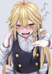  1girl blonde_hair blush braid commentary_request fall_dommmmmer grey_background hair_between_eyes highres kirisame_marisa long_hair long_sleeves no_hat no_headwear open_mouth simple_background single_braid solo teeth touhou upper_teeth yellow_eyes 