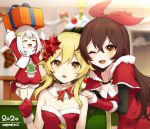  3girls ;d amber_(genshin_impact) bare_shoulders blush box breasts christmas cleavage closed_eyes flower genshin_impact gift gift_box hair_flower hair_ornament hair_ribbon hand_on_another&#039;s_shoulder hat highres lumine_(genshin_impact) memeno merry_christmas multiple_girls one_eye_closed open_mouth paimon_(genshin_impact) ribbon santa_hat smile 