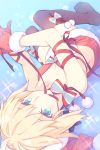  1girl ahoge artoria_pendragon_(all) bangs bare_shoulders black_legwear blonde_hair blue_eyes bra breasts christmas commentary eyebrows_visible_through_hair fate/grand_order fate_(series) fur-trimmed_gloves fur-trimmed_skirt fur_trim gloves highres looking_at_viewer lying miniskirt mouth_hold no_shoes on_back pom_pom_(clothes) red_bra red_gloves red_ribbon red_skirt ribbon ribbon_in_mouth saber saipaco short_hair skirt small_breasts solo thighhighs underwear upside-down 