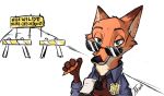  2020 4_fingers anthro black_nose canid canine carrot_pen cheek_tuft clothed clothing disney english_text eyewear facial_tuft fingers fox fur fyixen green_eyes hi_res holding_object looking_at_viewer mammal multicolored_body multicolored_fur necktie nick_wilde police_uniform red_fox shirt sign signature simple_background solo sunglasses text topwear tuft two_tone_body two_tone_fur uniform zootopia 