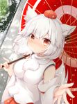  1girl animal_ears bare_shoulders blush detached_sleeves eyebrows_visible_through_hair hat holding holding_umbrella inubashiri_momiji japanese_clothes looking_at_viewer looking_up oil-paper_umbrella outdoors pom_pom_(clothes) red_eyes red_skirt red_umbrella ribbon-trimmed_sleeves ribbon_trim rururiaru shirt short_hair silver_hair skirt sleeveless sleeveless_shirt snow solo tail tokin_hat touhou turtleneck umbrella white_shirt wolf_ears wolf_tail 