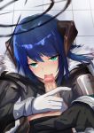 :&gt;= arknights blowing blue_hair blush censored cum eyebrows_visible_through_hair fellatio gloves highres horns jacket krirk long_hair looking_at_viewer mostima_(arknights) oral penis simple_background solo 