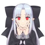  1girl apo_(apos2721) black_bow black_dress bow commentary double_v dress empty_eyes fingersmile forced_smile hair_bow highres large_bow len_(tsukihime) long_hair long_sleeves pointy_ears pose red_eyes simple_background smile solo tsukihime v white_background white_hair 