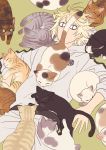  1boy animal animal_on_chest animal_on_stomach blonde_hair casual cat enmto grey_hoodie grey_pants hood hoodie lying male_focus nansen_ichimonji on_back on_floor pants slit_pupils solo too_many touken_ranbu track_suit 