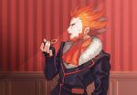  1boy black_gloves black_jacket commentary_request facial_hair fingerless_gloves fur-trimmed_jacket fur_trim gloves holding indoors jacket kusuribe long_sleeves lysandre_(pokemon) male_focus open_mouth orange_hair pokemon pokemon_(game) pokemon_xy signature solo spiked_hair team_flare teeth tongue 