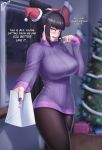  1girl absurdres bangs black_hair black_legwear black_nails blunt_bangs breasts christmas christmas_tree diskette dress drill_hair english_commentary english_text fingernails han_juri hat highres indoors large_breasts letter looking_at_viewer love_letter mini_hat outstretched_arm pantyhose pov purple_eyes purple_sweater revision ribbed_sweater santa_hat signature solo street_fighter street_fighter_iv_(series) sweater sweater_dress thick_thighs thighs tsundere turtleneck turtleneck_sweater twin_drills winter winter_clothes 