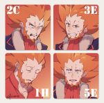  1boy blush clenched_teeth closed_eyes collarbone commentary_request expression_chart facial_hair fur-trimmed_jacket fur_trim jacket kusuribe lysandre_(pokemon) male_focus mouth_drool nose_blush number open_mouth orange_hair pokemon pokemon_(game) pokemon_xy red_shirt shirt sideways_glance signature spiked_hair sweat tearing_up teeth tongue tongue_out 