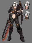  1girl absurdres armor armored_boots bangs black_armor black_bodysuit black_gloves blush bodysuit boots breasts cleavage clenched_hand closed_mouth clothing_cutout commentary concept_art elbow_gloves exoskeleton expressions eyebrows_behind_hair full_body gauntlets genderswap genderswap_(mtf) gloves grey_background guardian_tales hair_between_eyes headgear highres holding holding_sword holding_weapon looking_at_viewer mask mecha_musume mecha_warrior_oghma medium_breasts medium_hair mole mole_under_mouth mouth_mask navel navel_cutout personification shoulder_armor sidelocks simple_background smile standing sweat sword toned weapon white_hair will2012tw yellow_eyes 